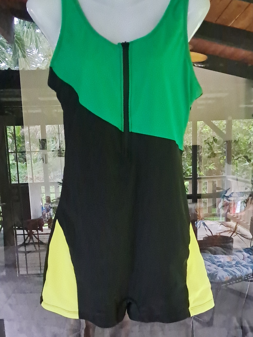 Ladies Green and Black Zip-Front Swim Suit